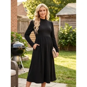 Maternity high neck long sleeve black dress